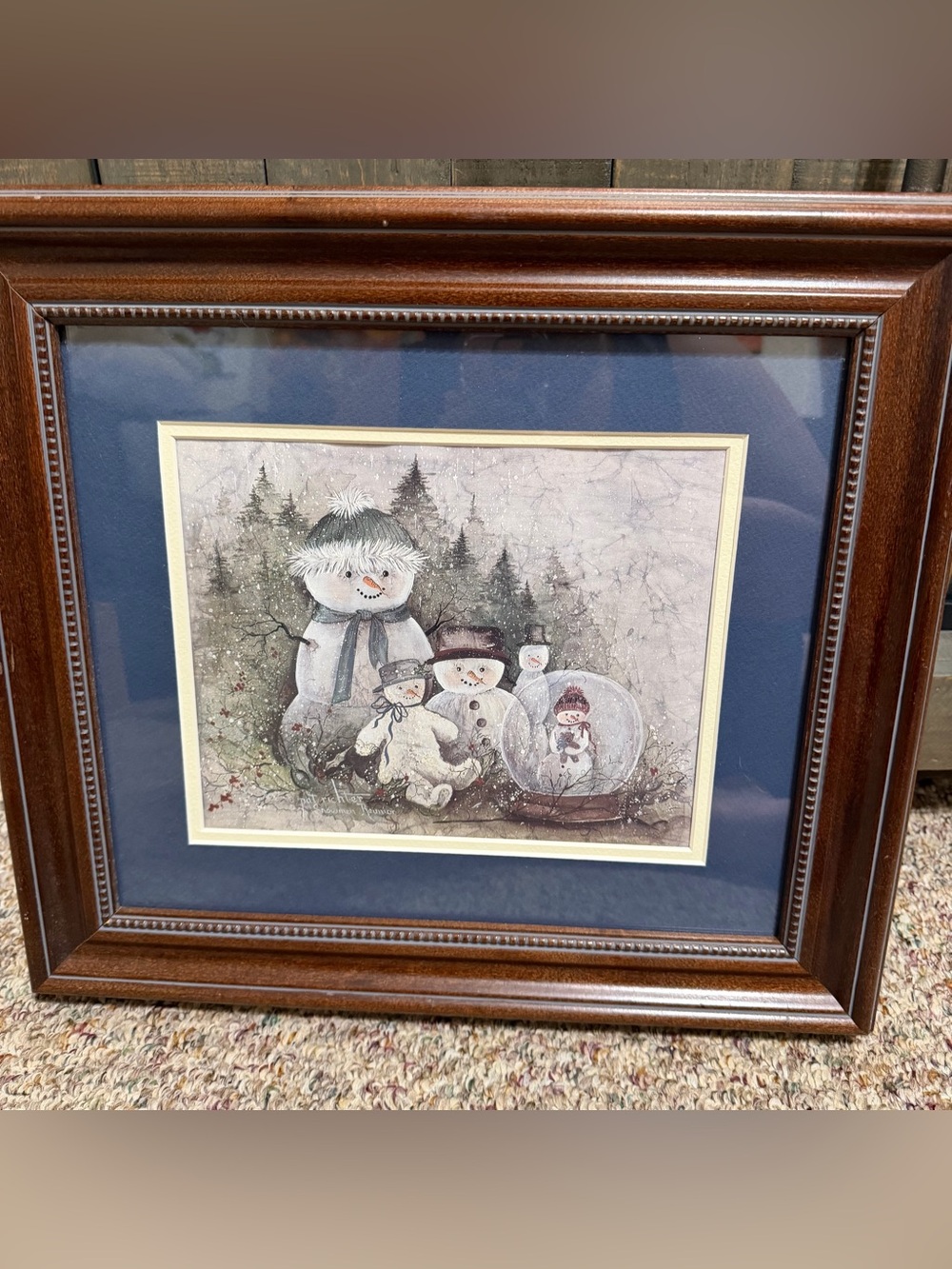 Snowman Family Winter Print in Brown‎ Frame - Blue Christmas winter home art